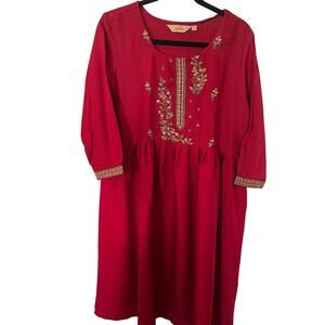 Burgundy Red  Global  Artisan Embroidered dress  3/4 Sleeves Size XL